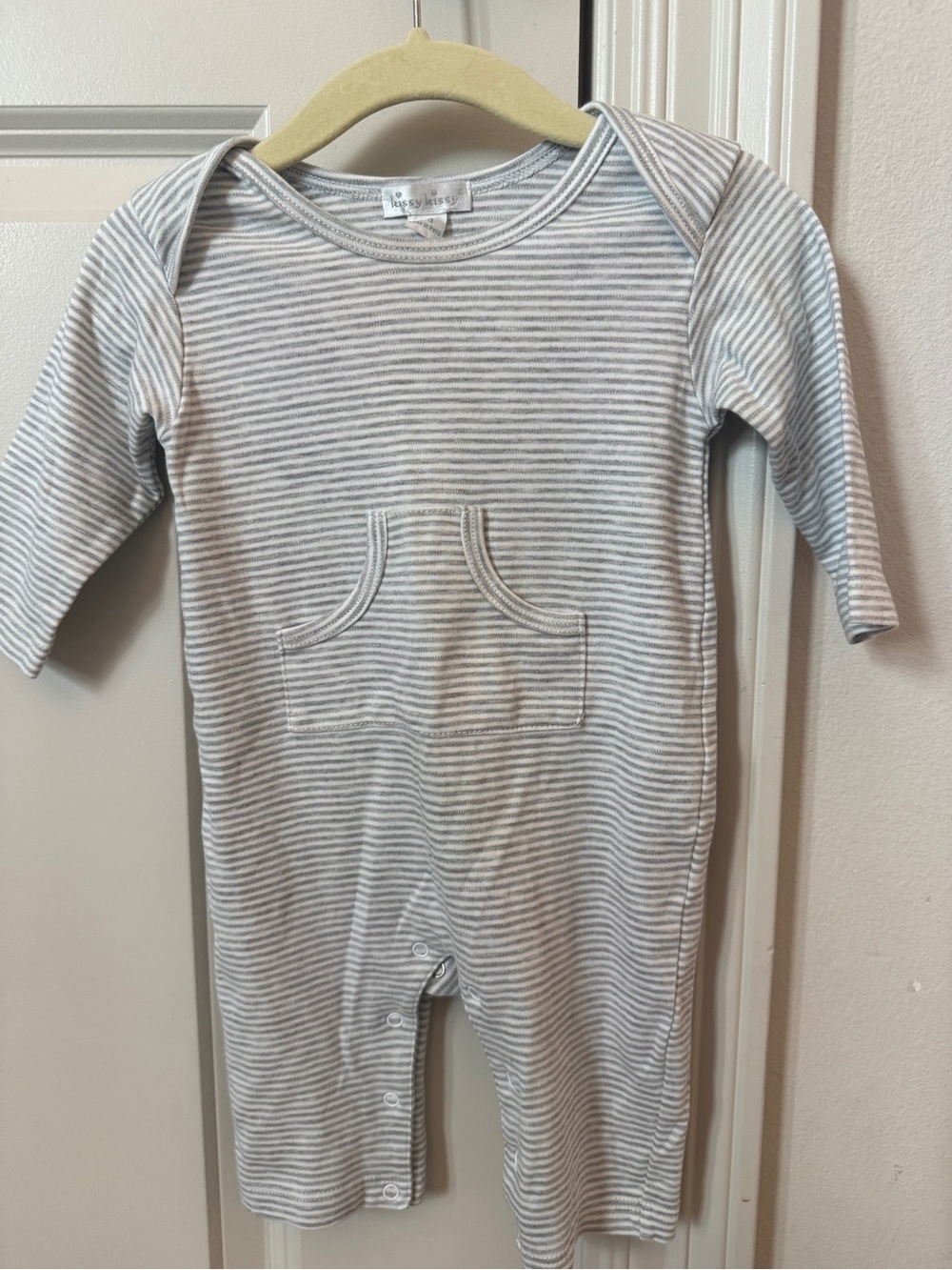 Kissy Kissy Essentials Softer Than Soft Gray & White Striped Footie One-Piece